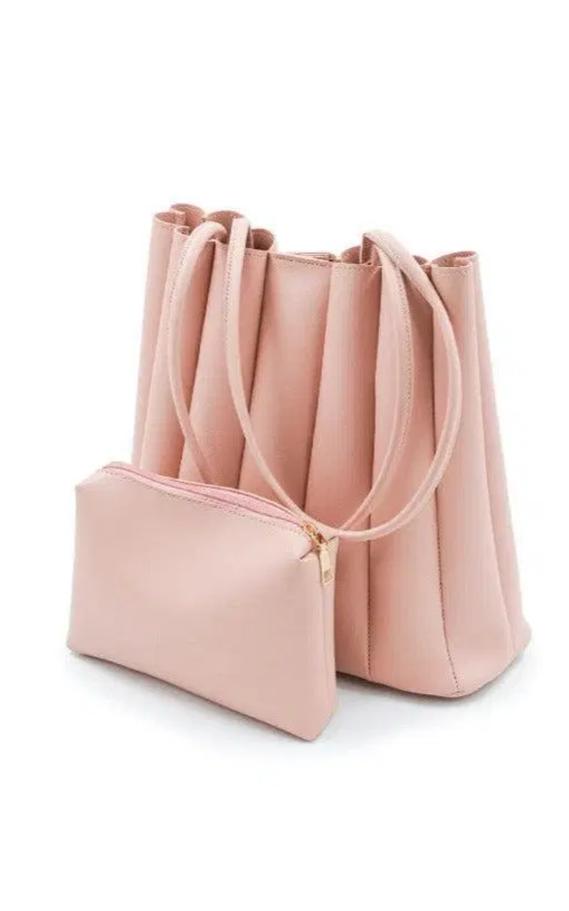 Blush Pleated Tote Leather Plain Shoulder Bag