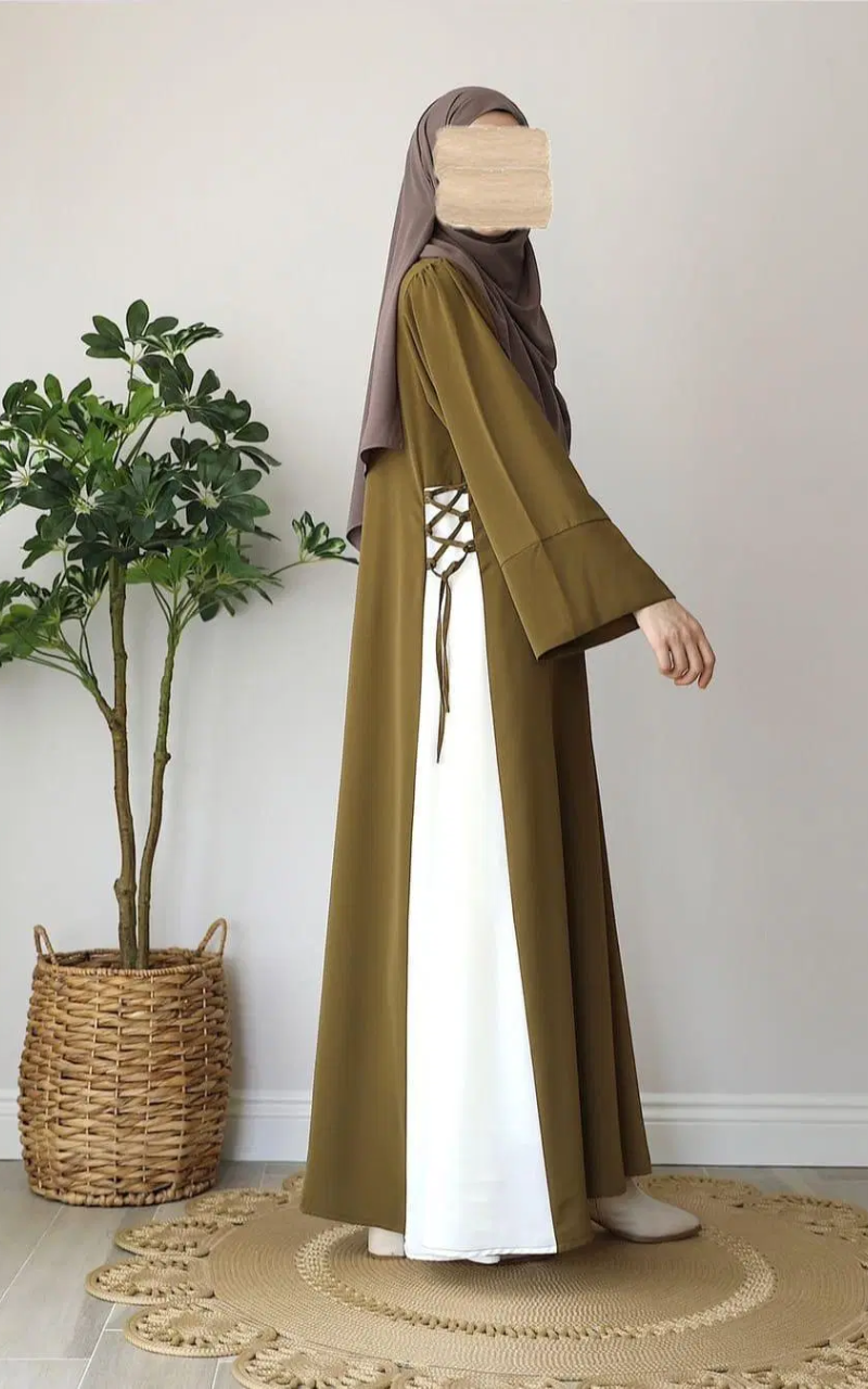 Olive & White Georgette Full Abaya With Stoller