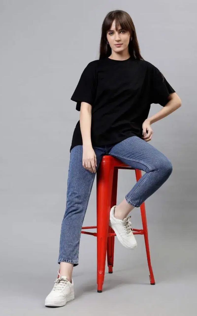 Jersey Oversized Plain T-Shirt - Black