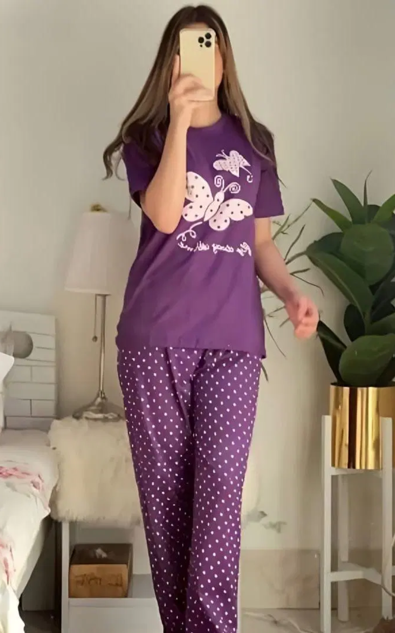 Stay Cute -Printed Cotton Jersey Night Suit - Purple